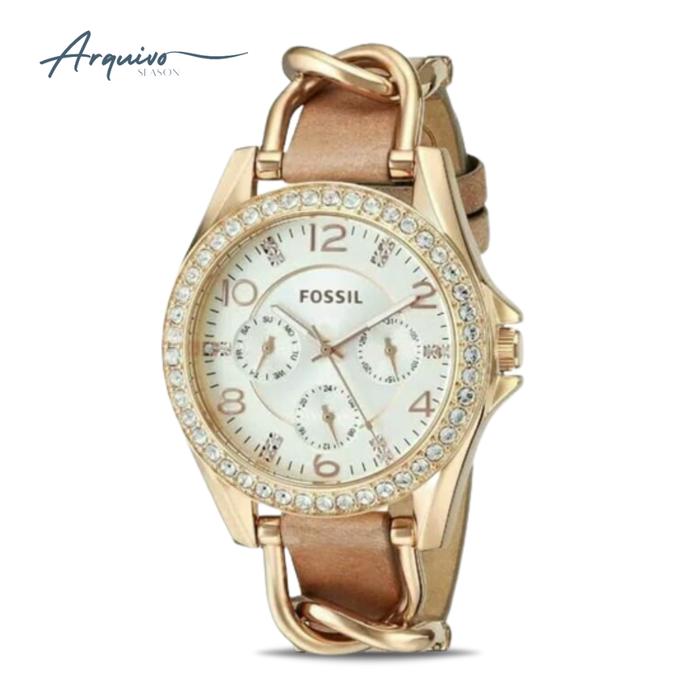 Jam Tangan Fossil Wanita Riley Chronograph Kulit Mewah Casual Original ES3466