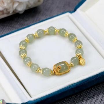Gelang Tangan Batu Giok Hetian Imitasi Aksen Bunga Teratai Fashion