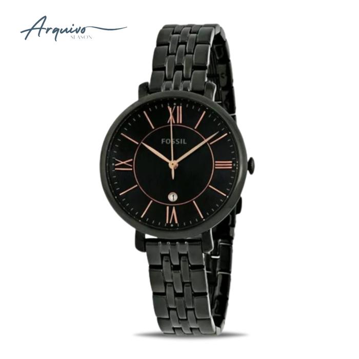 Jam Tangan Wanita Fossil Jacqueline Black Slim Stainless Steel Casual Original ES3614