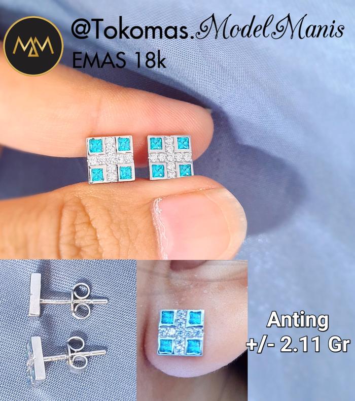 Anting tusuk giwang kotak biru laut emas putih 750 kadar 17 K