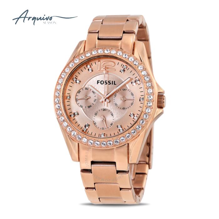 Jam Tangan Fossil Wanita Riley Chronograph Rose Gold Stainless Steel Mewah Original ES2811