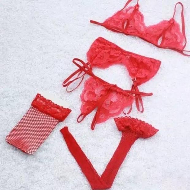 K211074 Sexy Lingerie Bra Set Merah - Bikini Merah Plus Garter