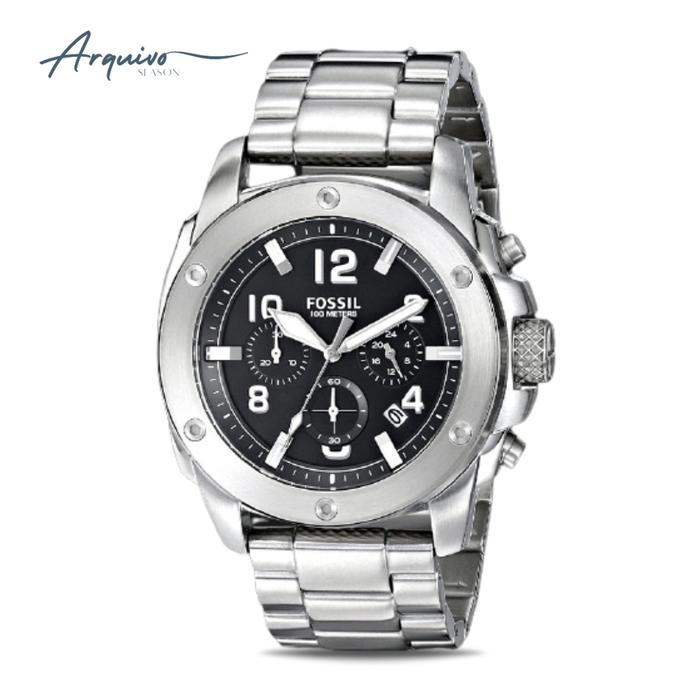 Jam Tangan Fossil Pria Modern Machine Chronograph Silver Stainless Steel Black Dial Sporty Mewah Ori