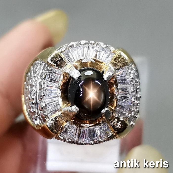Batu Cincin Akik Black Safir Golden Star Asli Natural Bangsing Hitam