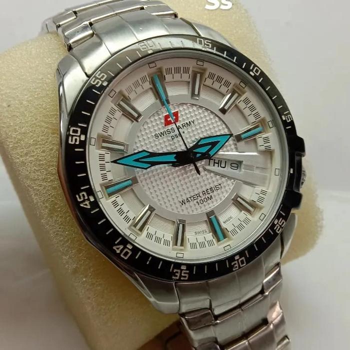 SWISS ARMY 8117 Rantai Putih Pria Wanita Analog Anti Karat Stainless Steel Tahan Air 100m Garansi 1 