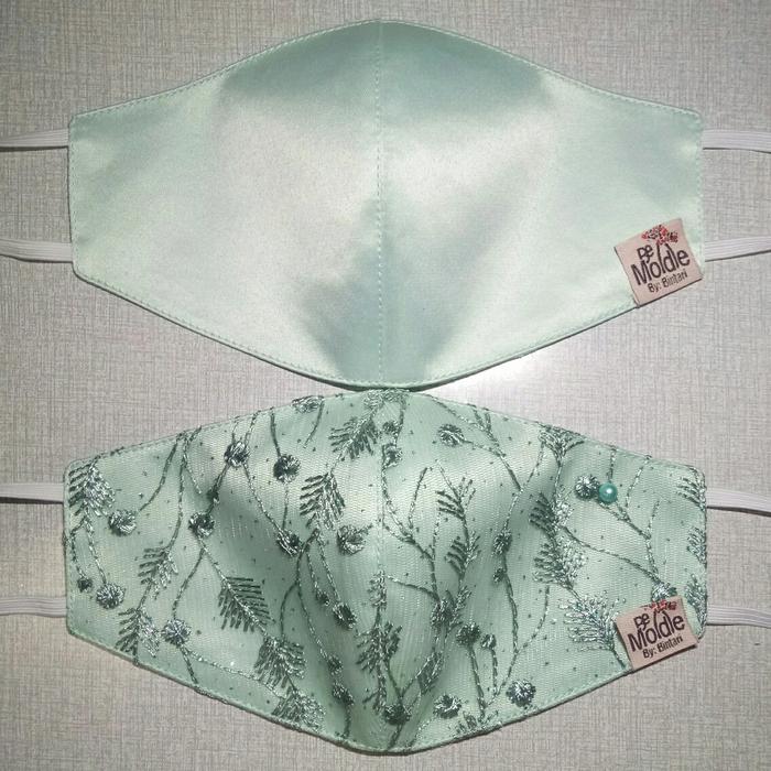 Masker Pengantin Couple Bahan Bridal Kombinasi Brukat Hijau Mint