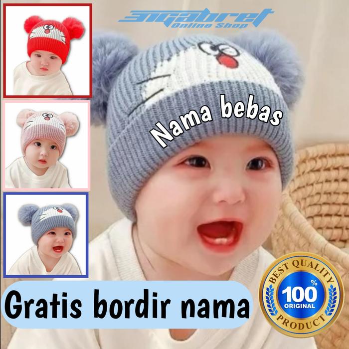 Topi kupluk bayi model doraemon gratis bordir nama usia 1 12 bulan