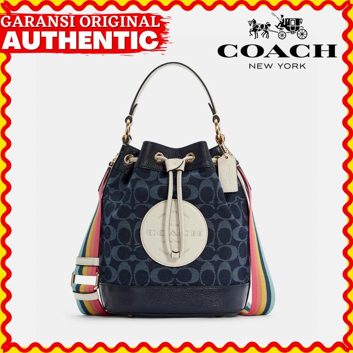 Tas Coach Dempsey Drawstring Bucket Bag Blue Wanita Original Authentic