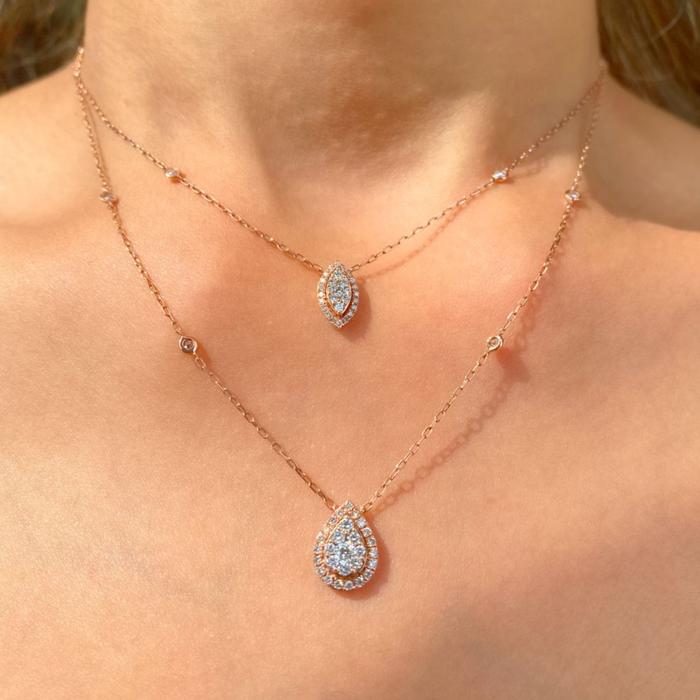 TDA Double Layer Marquise and Pear Diamond Necklace Kalung Emas Berlian Wanita Asli