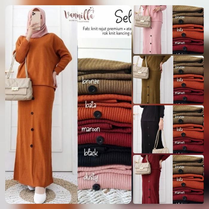 Hijab Wanita Setelan Rok Rajut Selina Dusty Pink Cokelat Bata Maroon