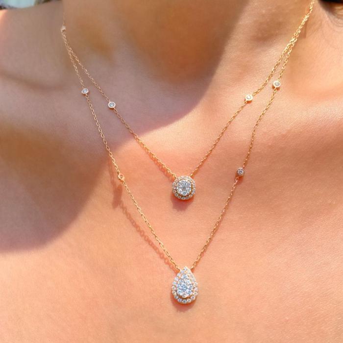 TDA Double Layer Round and Pear Diamond Necklace Kalung Emas Berlian Wanita Asli
