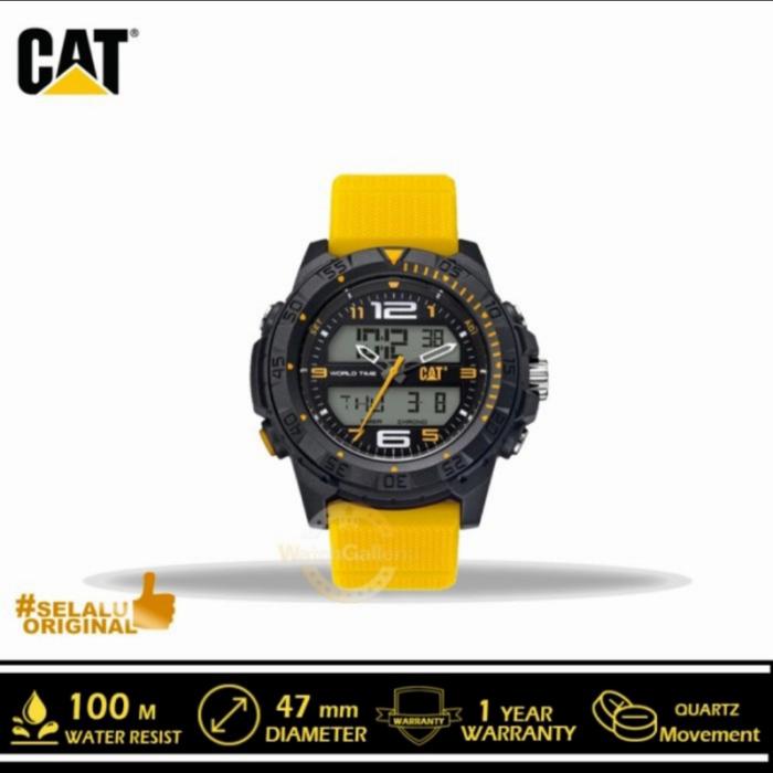 Jam Tangan Pria Wanita CAT Caterpillar Dual Time Hitam Kuning Rubber
