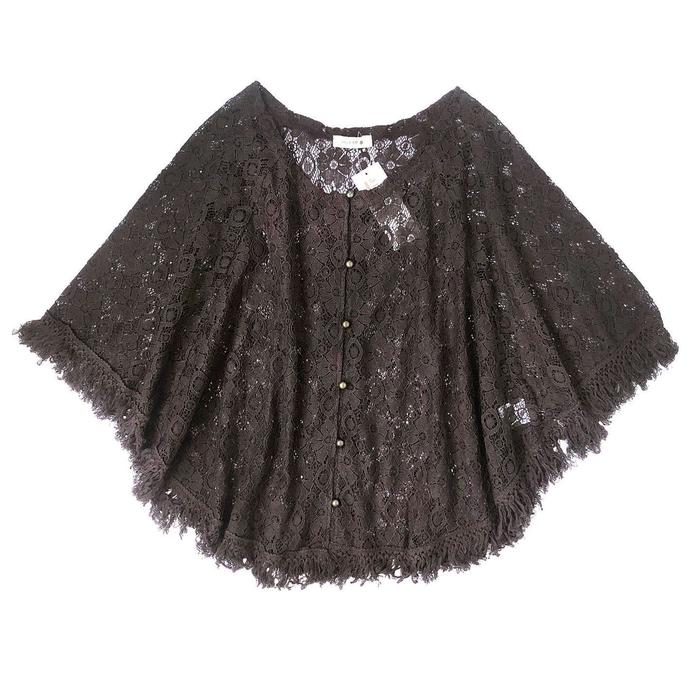 BLUS OUTER PONCHO KELELAWAR BATWING BROKAT LACE RENDA COKLAT RUMBAI COKLAT KOREA IMPORT