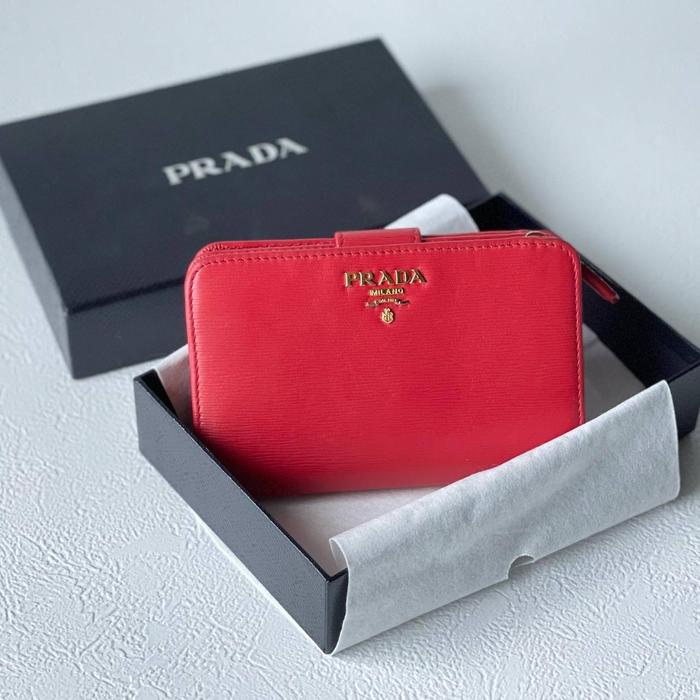 Original - Prada Bifold Compact Wallet Dompet Red Saffiano GHW