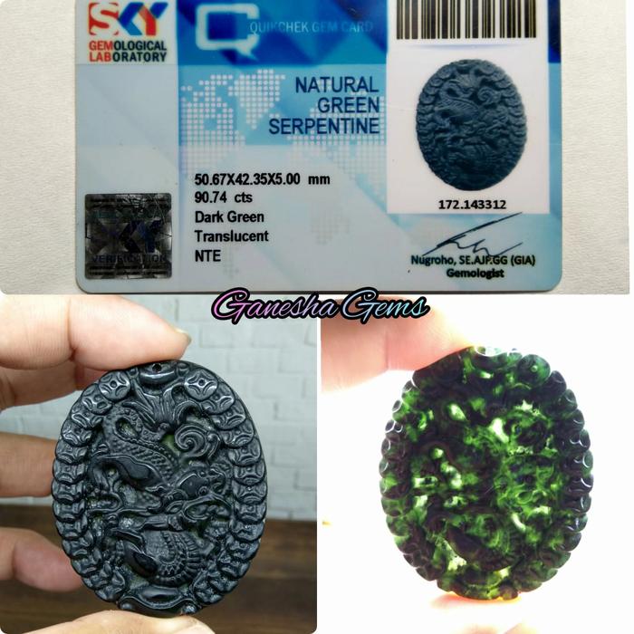 Natural Green Serpentine 90.74 Ct - Black Jade ukir Naga - Memo SKYlab