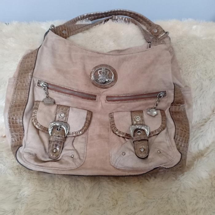 tas wanita cream kulit suede KATHY pattern leather shoulder bag cewek