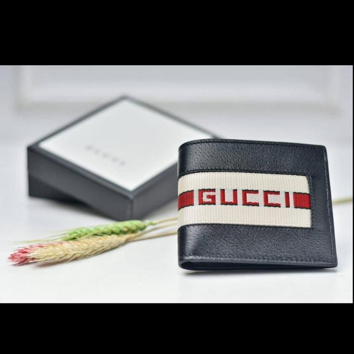BNIB Wallet Gucci Men Black Logo Gucci Stripe White Red