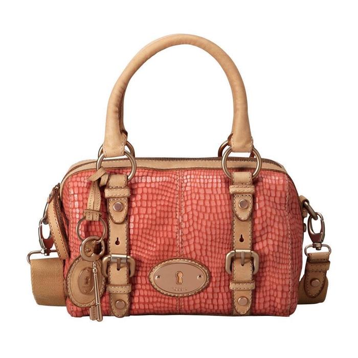 Fossil Maddox Satchel Small Embossed Snake Salmon