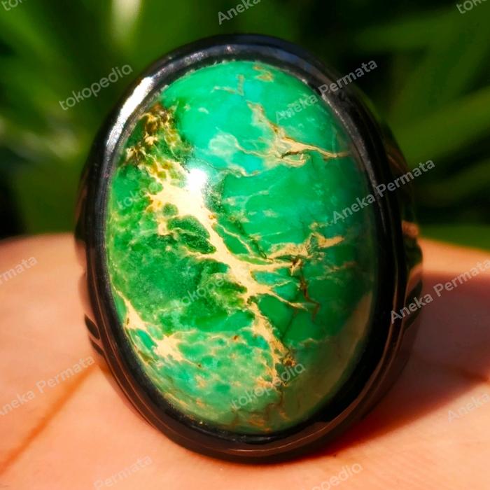 Cincin Titanium Batu Akik Natural Pirus Hijau Ring Tanam Hitam