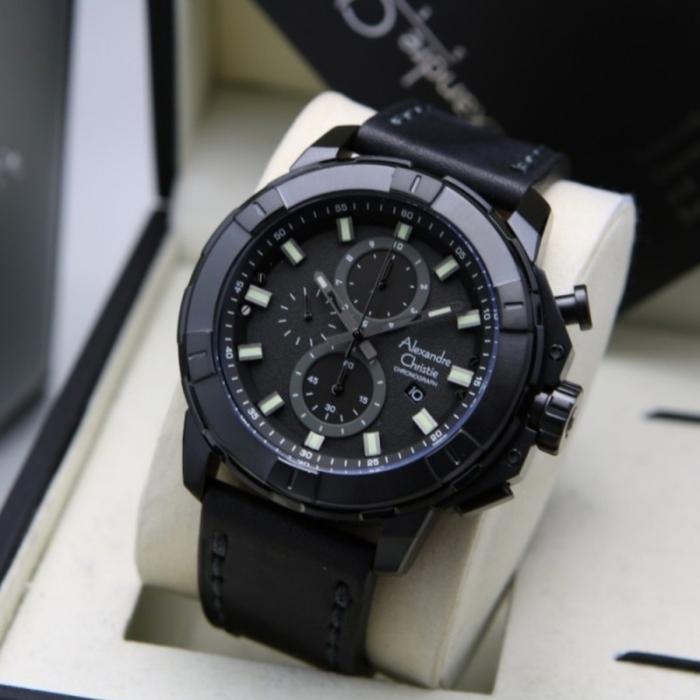 jam tangan pria original alexandre christie AC6588MC ALL BLACK LEATHER
