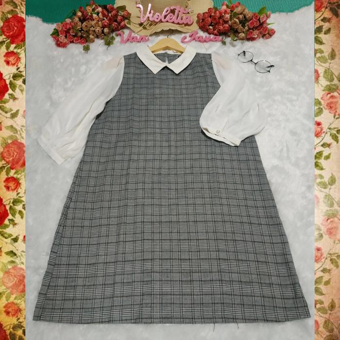 Dress vintage kawai korea tartan kotak gingham Mouth Valley lengan 3/4