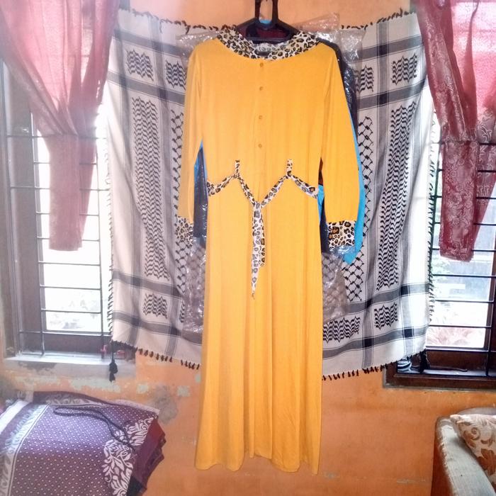 Baju muslim/gamis wanita dress motif macan tutul kuning tua preloved