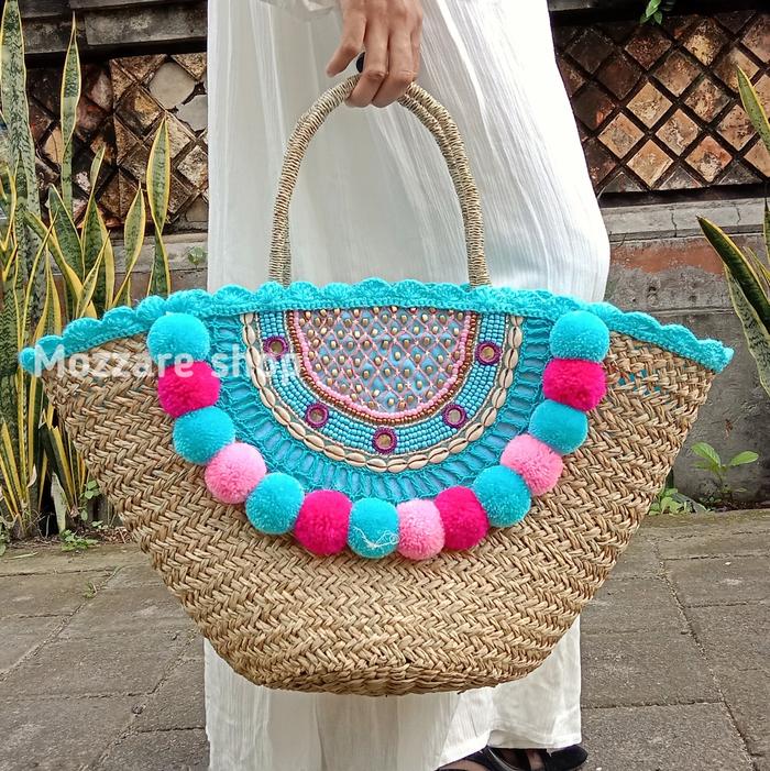 tas rotan handmade bali tas kerajinan bali pompom pantai