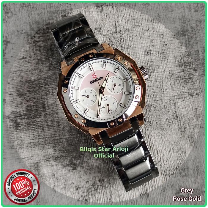Jam Tangan Expedition Wanita E6385 Tali Rantai Grey Rose Gold Original