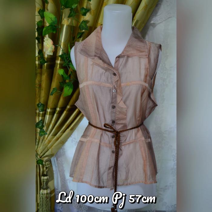 outer rompi kain kaca organza kancing rumbai mocca