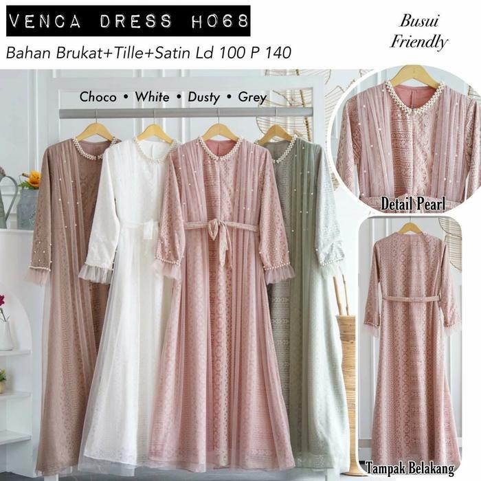 Baju dress gamis pesta brukat brokat tile mutiara mewah lebaran 2024