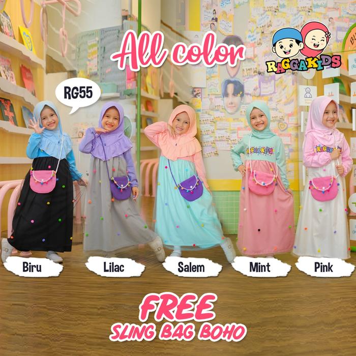 (FREE TAS) RG 55 Series Baju Muslim Gamis Kaos Anak Raggakids Pesta Cantik Tutu Dress I Pink Mint Bi