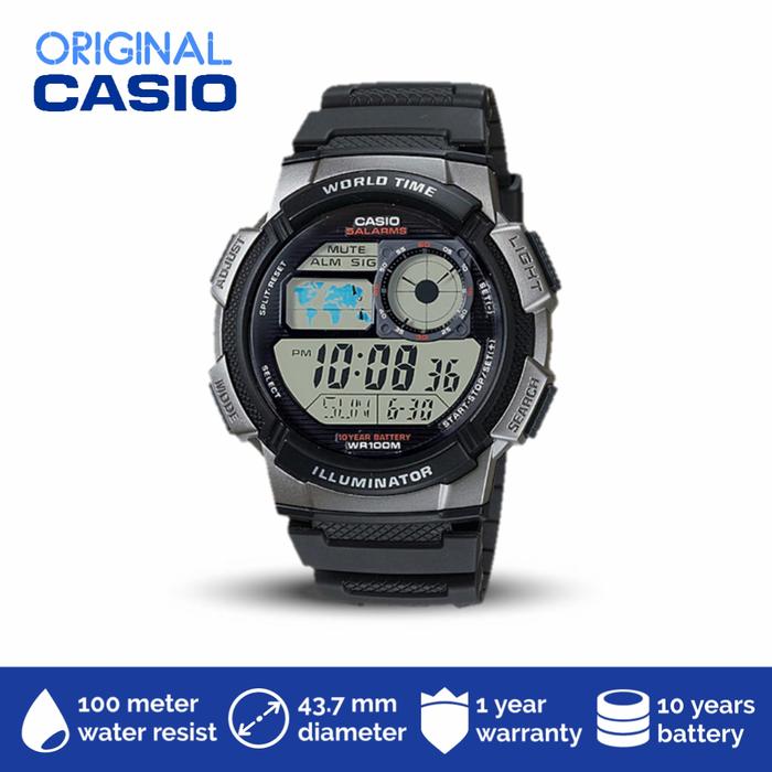 Jam tangan pria world time (peta) digital casio original garansi 1 th
