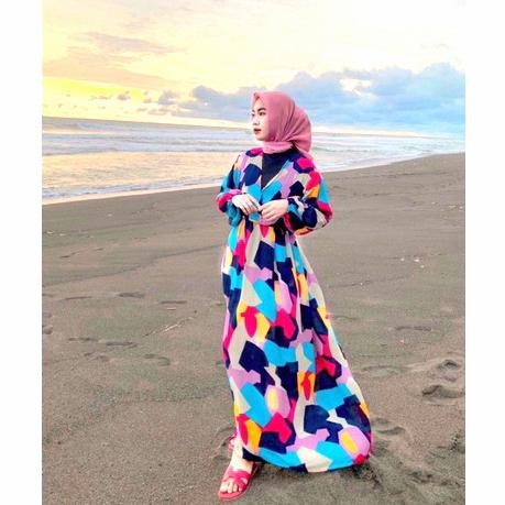 Baju Dress Pantai Bali Queenza Loose Dress Gamis Motif Coral-Hijab Friendly