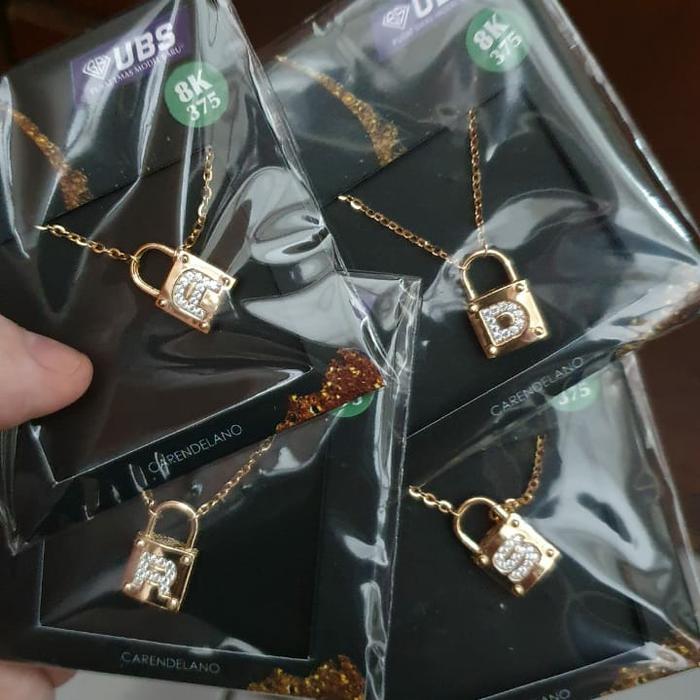 kalung ubs huruf inisial R S A D alpha glitz gembok emas asli 375 8k