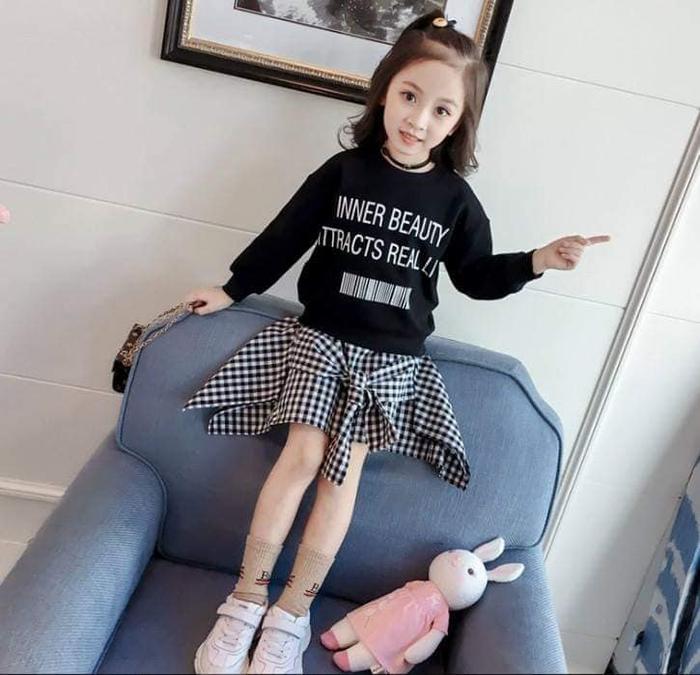 Dress Hitam Lengan Panjang Anak Cewek Impor Rok Kotak Kotak 3-5tahun