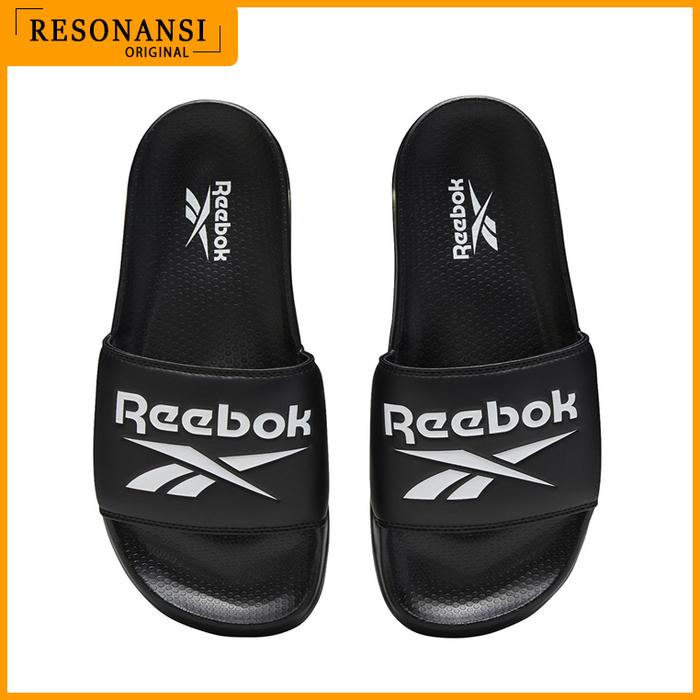 SANDAL PRIA TERBARU REEBOK ORIGINAL CLASSIC SLIDE HITAM-PUTIH EMPUK