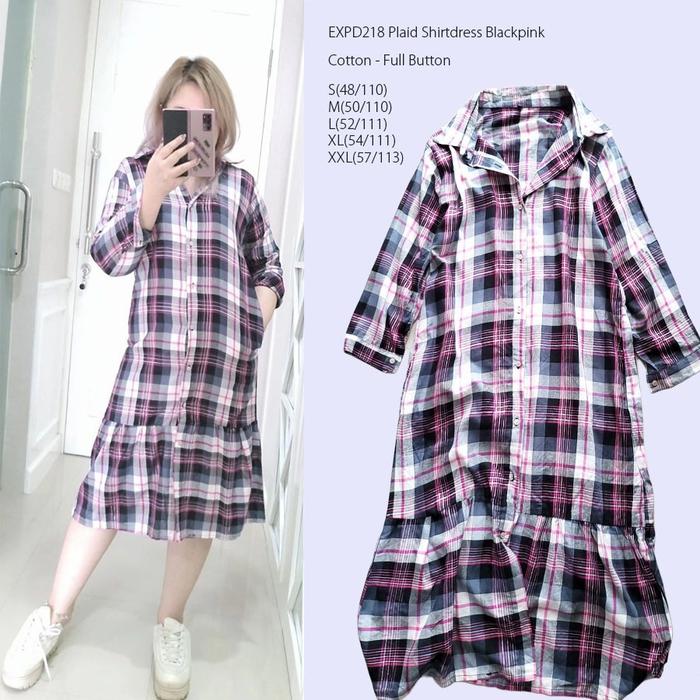 Express Plaid Shirt Dress - Black Pink - Kemeja Gaun Kotak Branded Ori