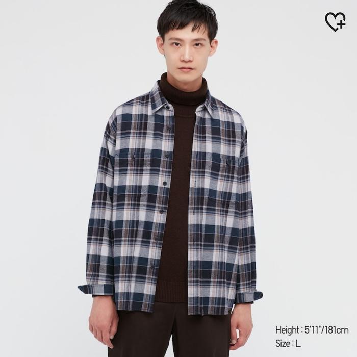 Kemeja Flanel Uniqlo Kotak Lengan Panjang 68 Blue