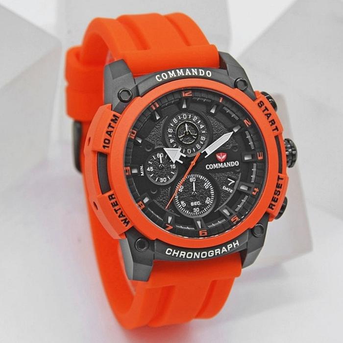 JAM TANGAN COMMANDO 7004 C 7004G-3 PRIA BLACK ORANGE RUBBER ORIGINAL