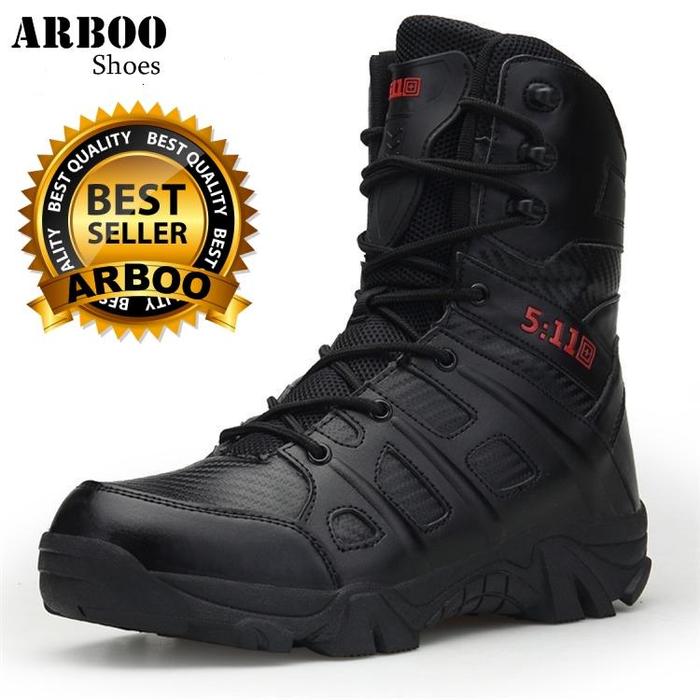 PDL Sepatu 511 Swat Tactical TNI POLRI Hitam Kulit ASLI Safety Besi