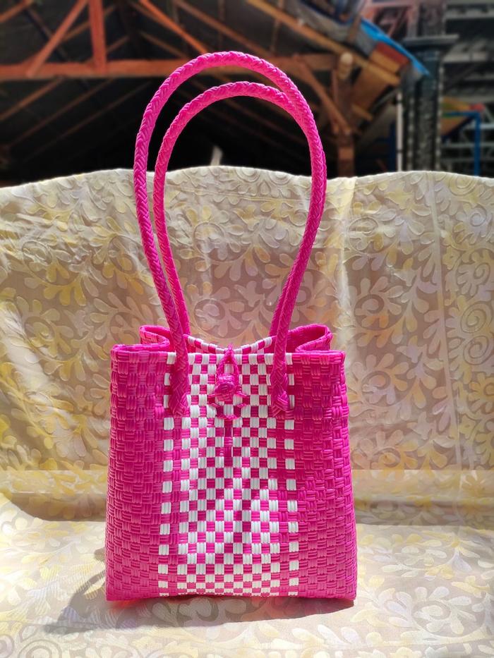 Tas Wanita  Plastik Anyaman Jali Premium Pink Fanta Dan Peach Tote