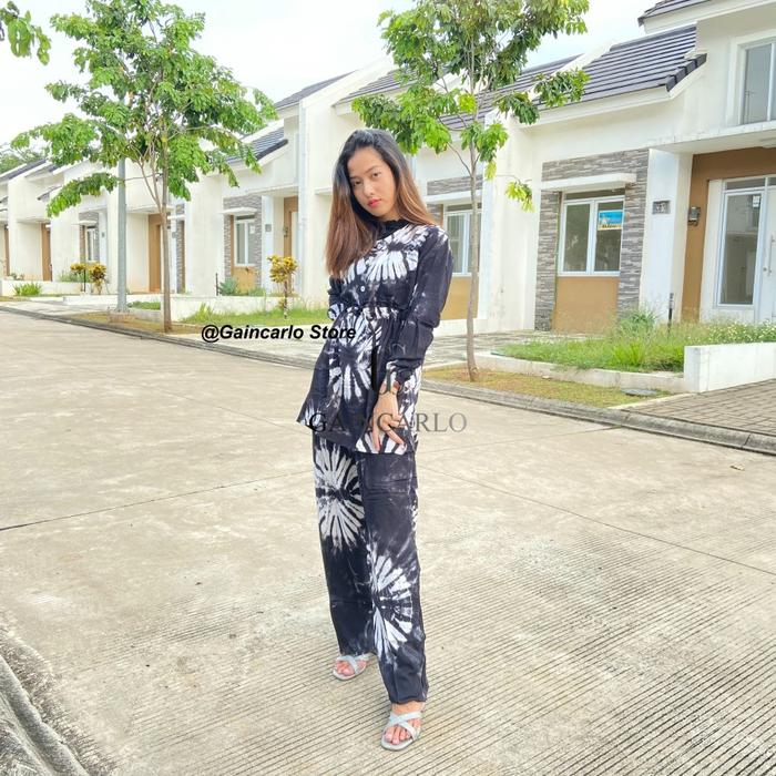 OneSet Baju Tidur Piyama Casual Santai Wanita Kancing Depan Serut Dada