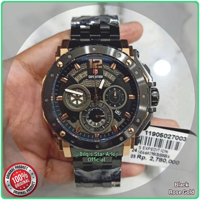 Jam Tangan Pria Besar Expedition E6402 Mc Tali Rantai Black Rose Gold Original