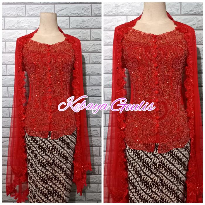 atasan kebaya merah cabe+ longtorso dan selendang bisa COD TERMURAH