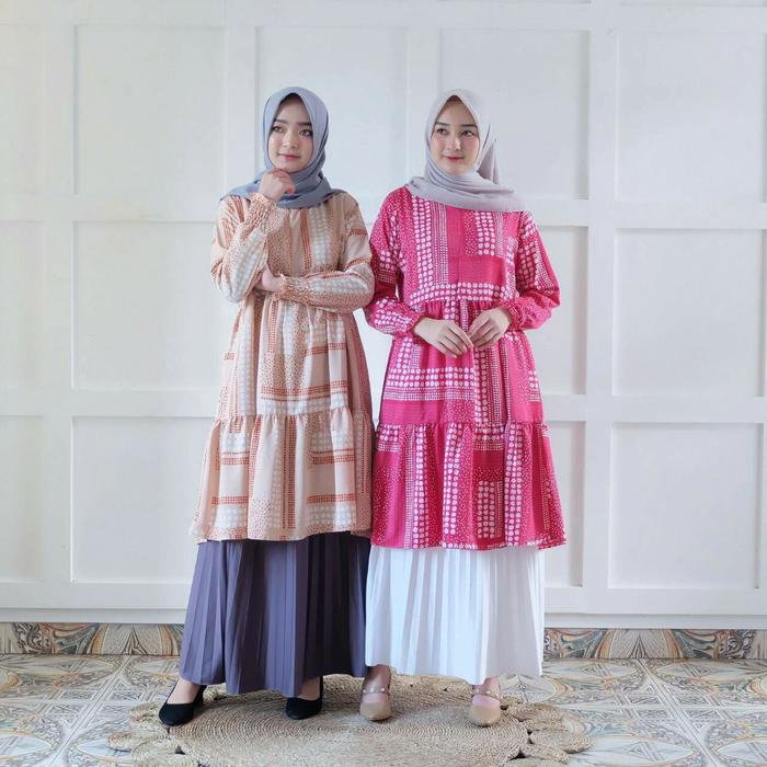 baju muslim wanita terbaru atasan tunik plain maxmara motif