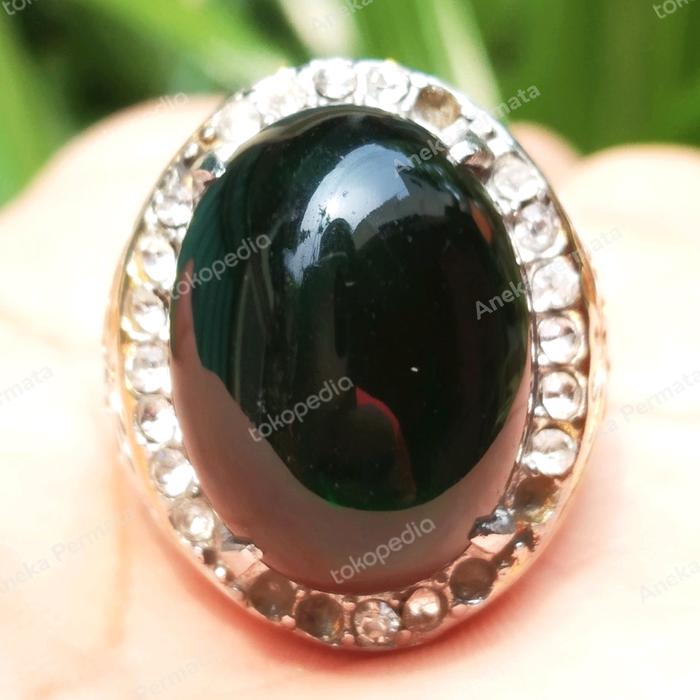Cincin Titanium Batu Akik Kecubung Daun Hitam Tembus Hijau