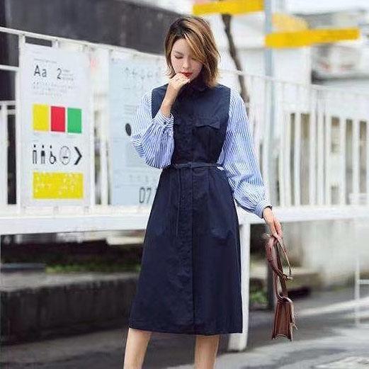 DRESS KEMEJA MIDI KATUN PREMIUM BIRU TUA NAVY PANEL GARIS LENGAN PANJANG KOREA IMPORT