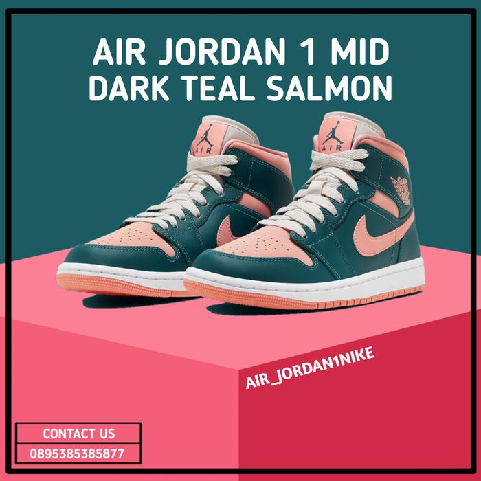 Sepatu Nike Air Jordan 1 Mid Dark Teal Green Salmon 100% Authentic
