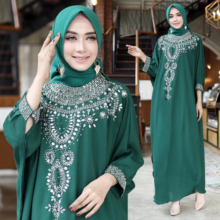 Kaftan kirani hijau botol baju muslim pesta mewah lebaran murah kem kt
