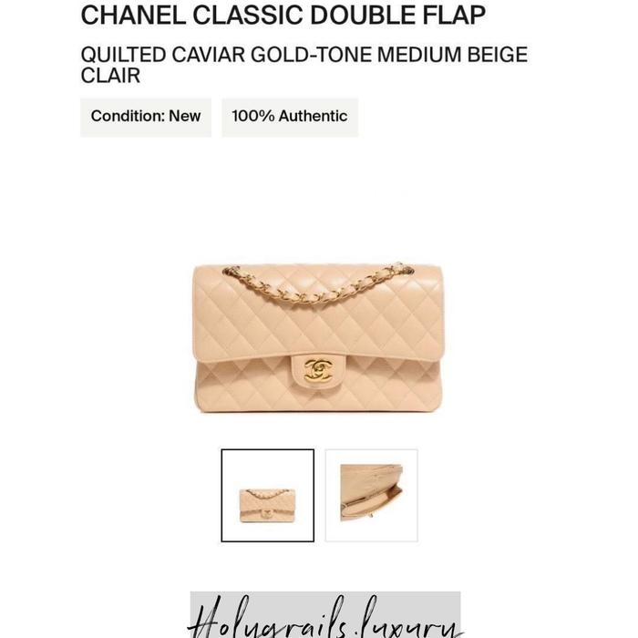 Chanel Classic Double Flag Quilted Caviar Gold Tone Medium Beige Clair
